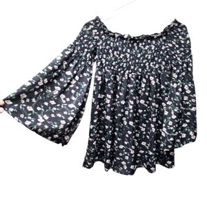 Alythea womens navy floral off the shoulder bell sleeve blouse medium